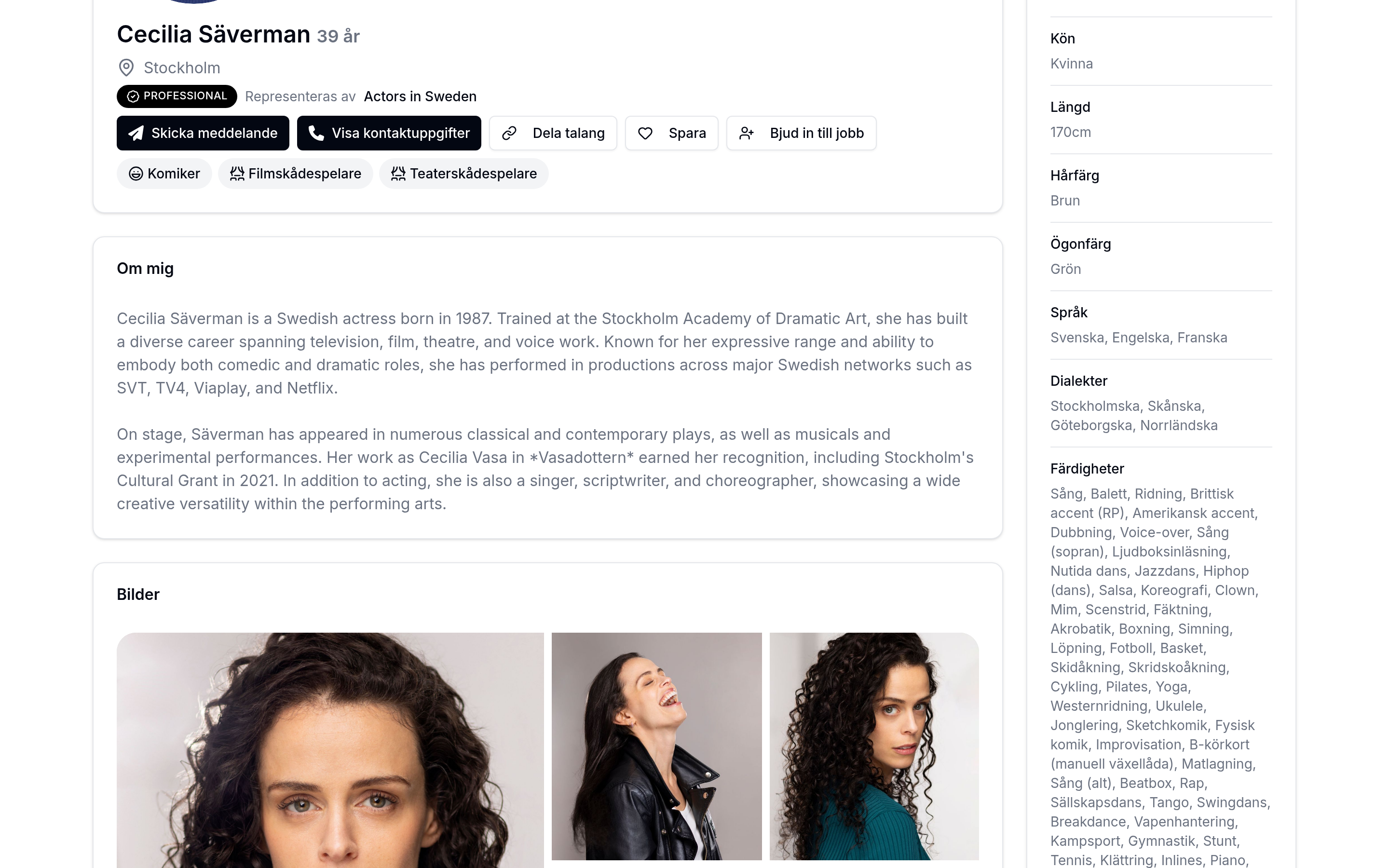 Skärmbild: fullständig talangprofil (bilder, showreel, CV)